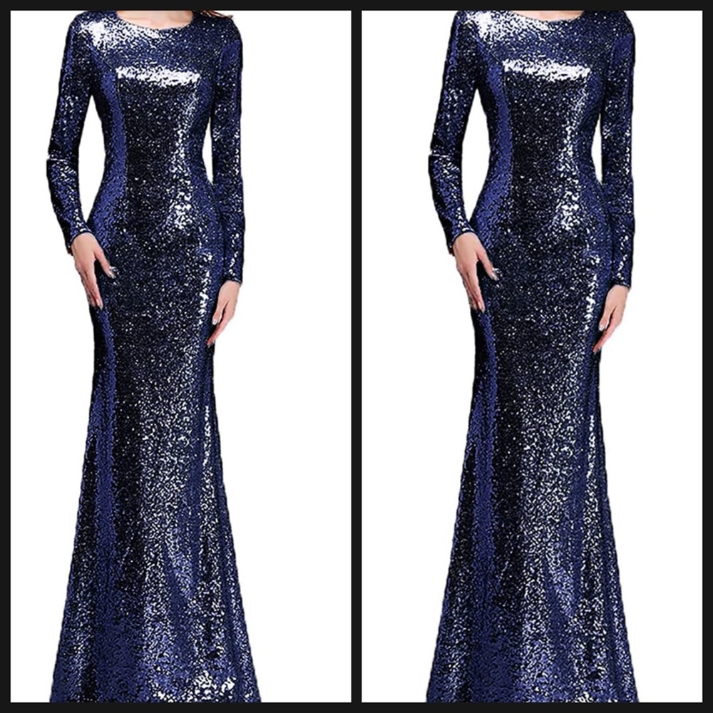 NWT size 2 navy sequin long sleeve mermaid ball gown